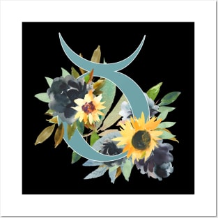 Taurus Horoscope Zodiac Blue Sunflower Design Posters and Art